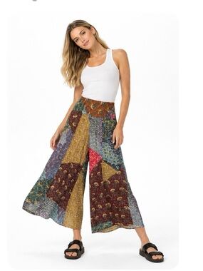 Cotton Patchwork Boho Patchwork Wide Leg Cropped Pants Culottes Sz S Festival